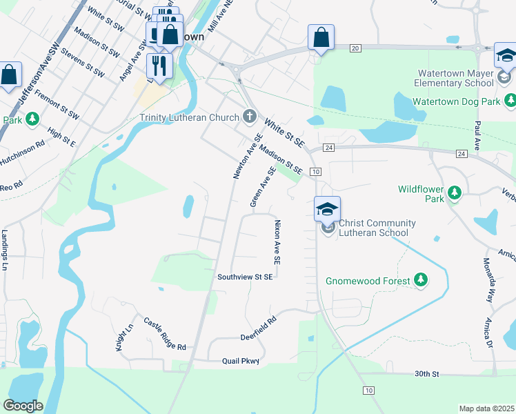 map of restaurants, bars, coffee shops, grocery stores, and more near 512 Green Avenue Southeast in Watertown