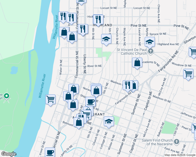 map of restaurants, bars, coffee shops, grocery stores, and more near 1798 4th Street Northeast in Salem