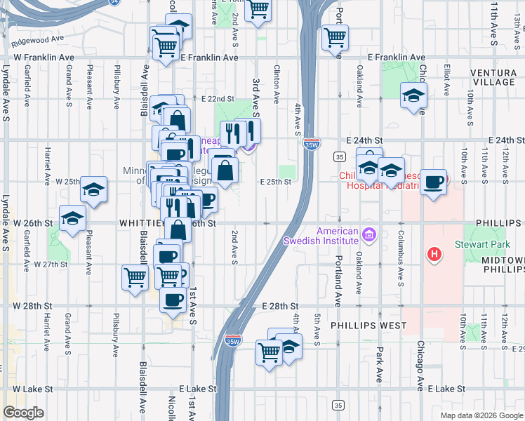 map of restaurants, bars, coffee shops, grocery stores, and more near in Minneapolis