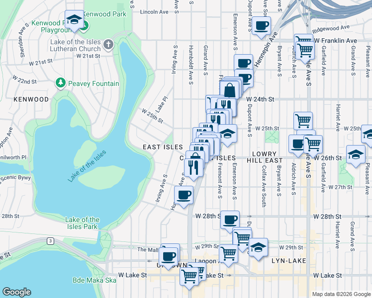 map of restaurants, bars, coffee shops, grocery stores, and more near 2522 Humboldt Avenue South in Minneapolis