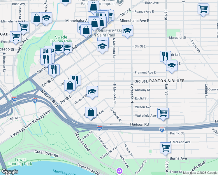 map of restaurants, bars, coffee shops, grocery stores, and more near 852 3rd Street East in Saint Paul