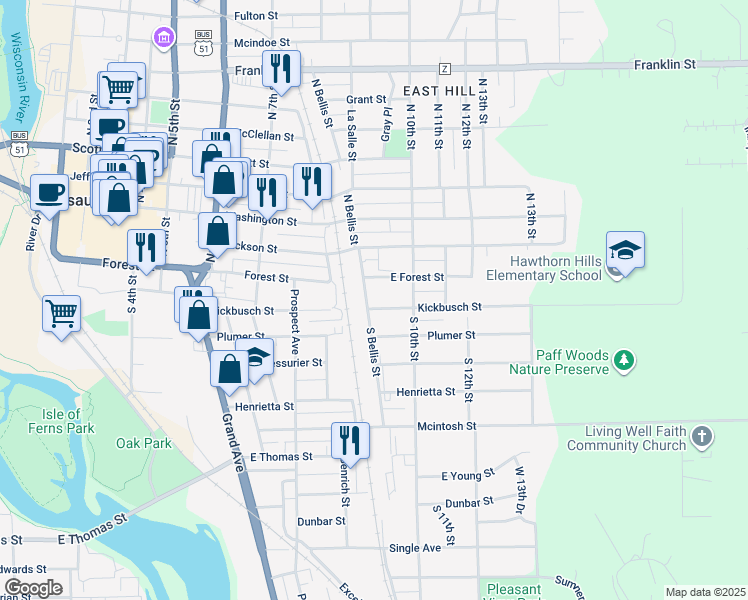 map of restaurants, bars, coffee shops, grocery stores, and more near 107 South Bellis Street in Wausau