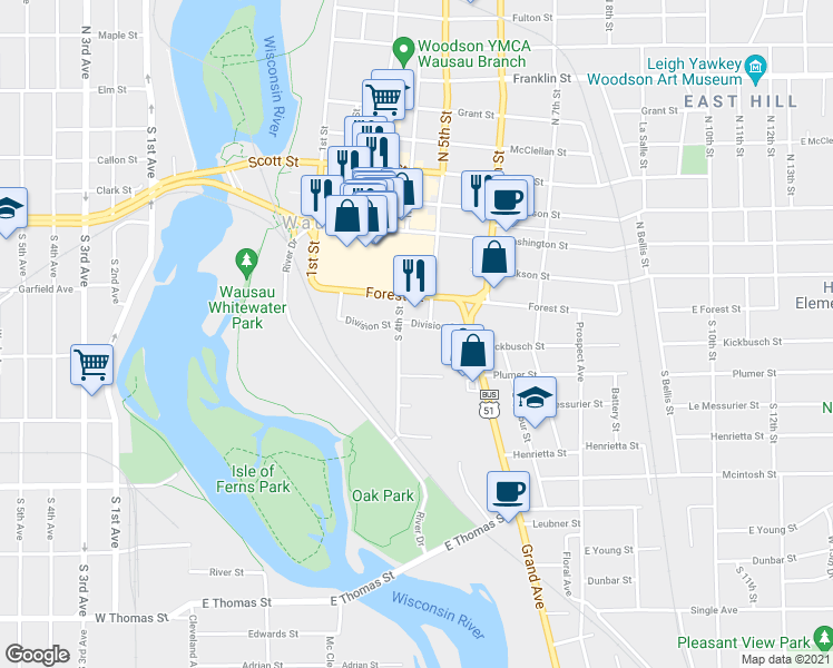 map of restaurants, bars, coffee shops, grocery stores, and more near 409 Forest Street in Wausau