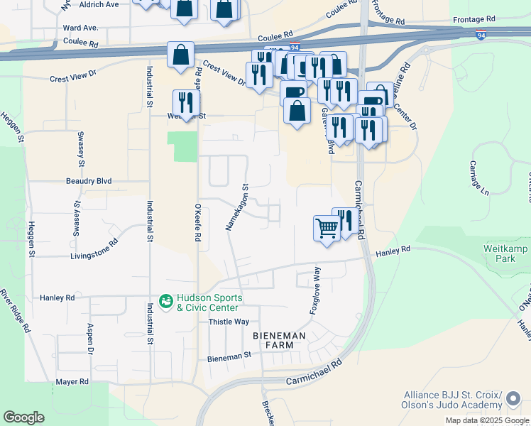 map of restaurants, bars, coffee shops, grocery stores, and more near 1348 Carriage Drive in Hudson