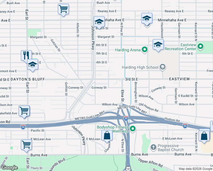 map of restaurants, bars, coffee shops, grocery stores, and more near 1348 3rd Street East in Saint Paul