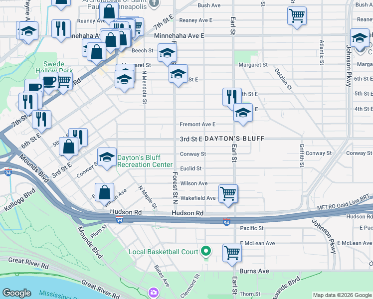 map of restaurants, bars, coffee shops, grocery stores, and more near 975 Conway Street in Saint Paul