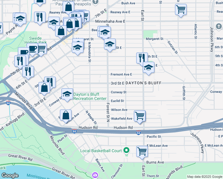 map of restaurants, bars, coffee shops, grocery stores, and more near 975 Conway Street in Saint Paul