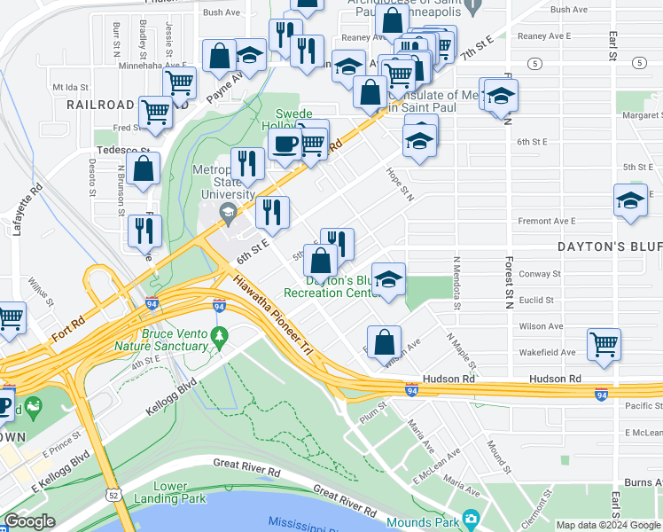 map of restaurants, bars, coffee shops, grocery stores, and more near 718 4th Street East in Saint Paul