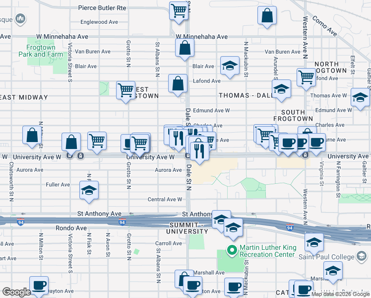 map of restaurants, bars, coffee shops, grocery stores, and more near 612 Sherburne Avenue in Saint Paul