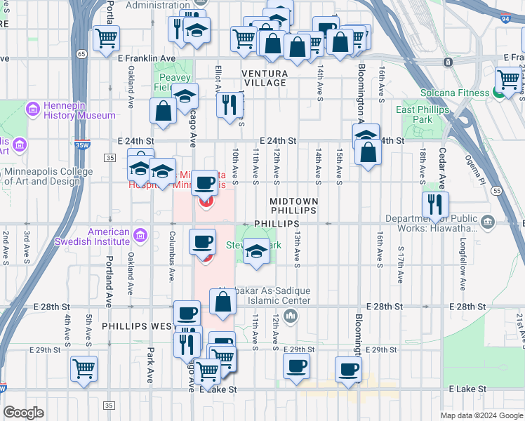 map of restaurants, bars, coffee shops, grocery stores, and more near 2524 12th Avenue South in Minneapolis