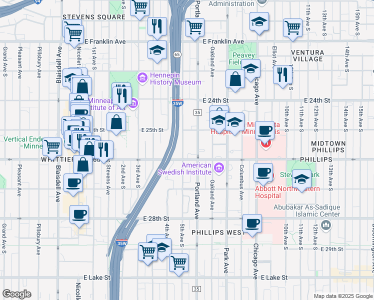 map of restaurants, bars, coffee shops, grocery stores, and more near 2517 South 5th Avenue in Minneapolis