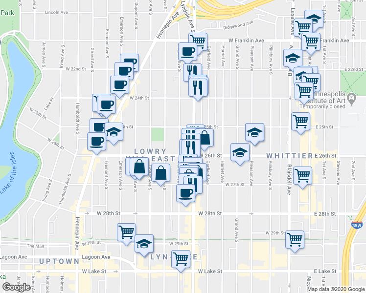 map of restaurants, bars, coffee shops, grocery stores, and more near 2530 Aldrich Avenue South in Minneapolis