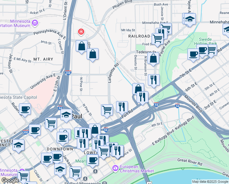 map of restaurants, bars, coffee shops, grocery stores, and more near 500 Lafayette Road in Saint Paul