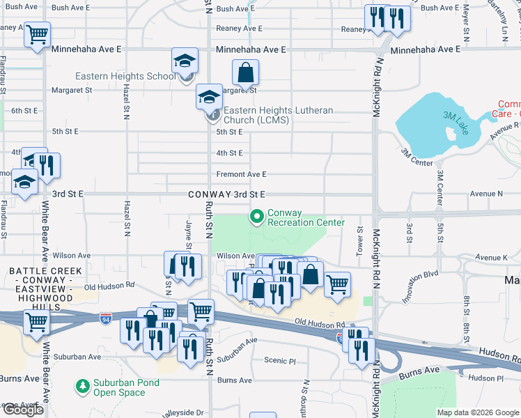 map of restaurants, bars, coffee shops, grocery stores, and more near 2094 3rd Street East in Saint Paul