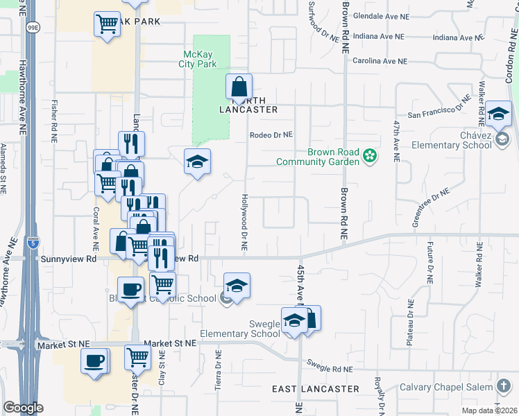 map of restaurants, bars, coffee shops, grocery stores, and more near 4347 Burlington Loop Northeast in Salem