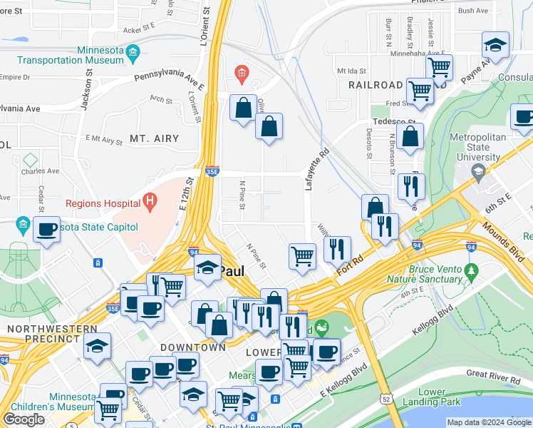 map of restaurants, bars, coffee shops, grocery stores, and more near 367 Grove Street in Saint Paul