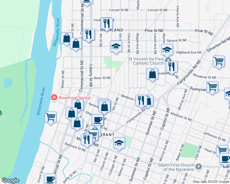 map of restaurants, bars, coffee shops, grocery stores, and more near 545 Madison Street Northeast in Salem