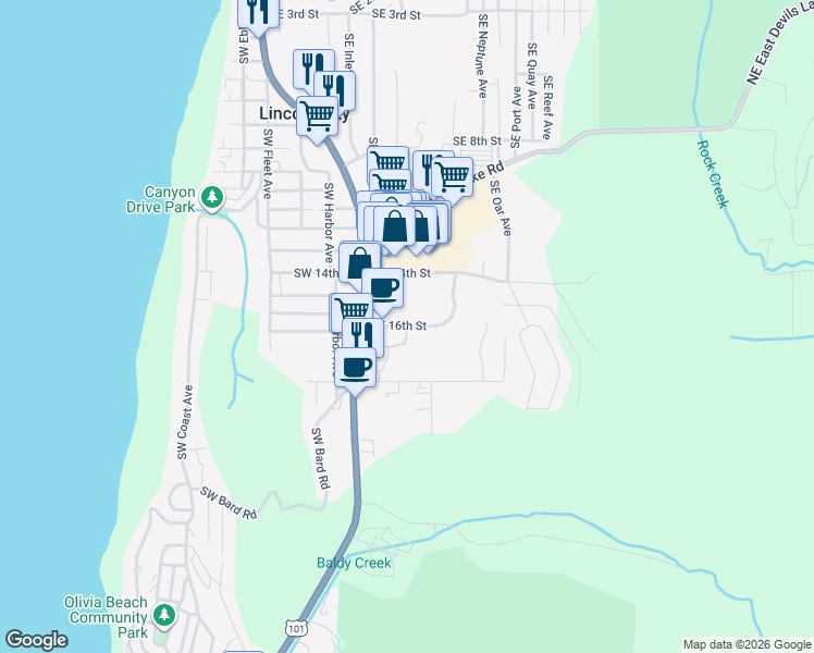map of restaurants, bars, coffee shops, grocery stores, and more near 1501 Southeast 16th Street in Lincoln City