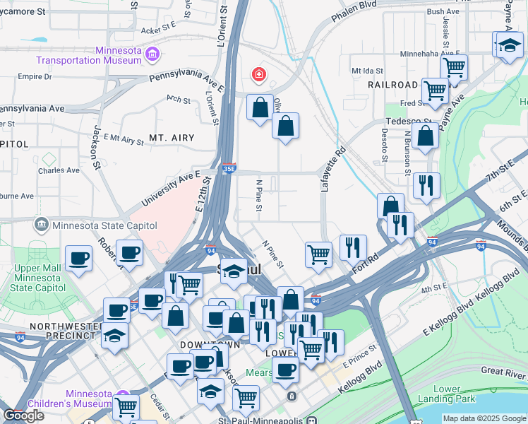 map of restaurants, bars, coffee shops, grocery stores, and more near 570 North Pine Street in Saint Paul