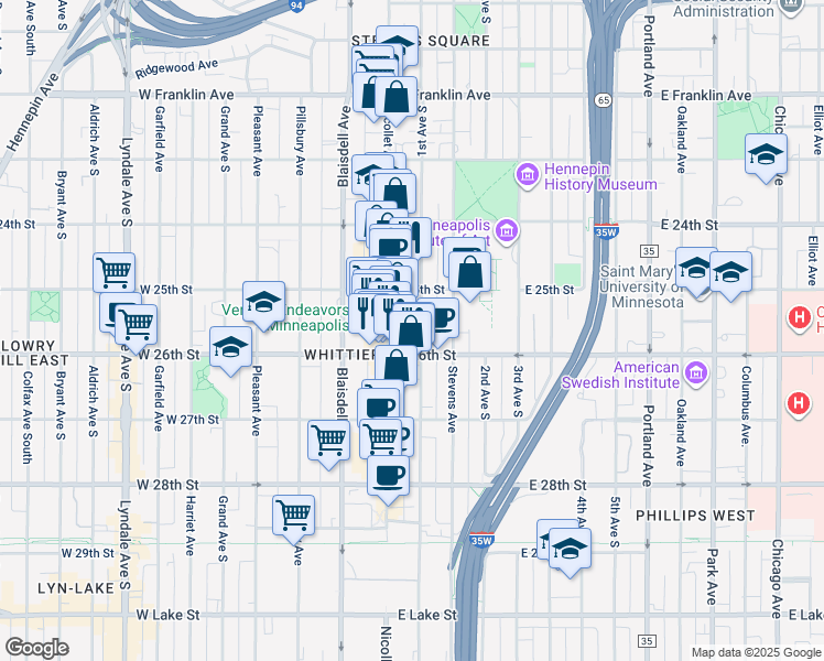 map of restaurants, bars, coffee shops, grocery stores, and more near 2521 Nicollet Avenue in Minneapolis