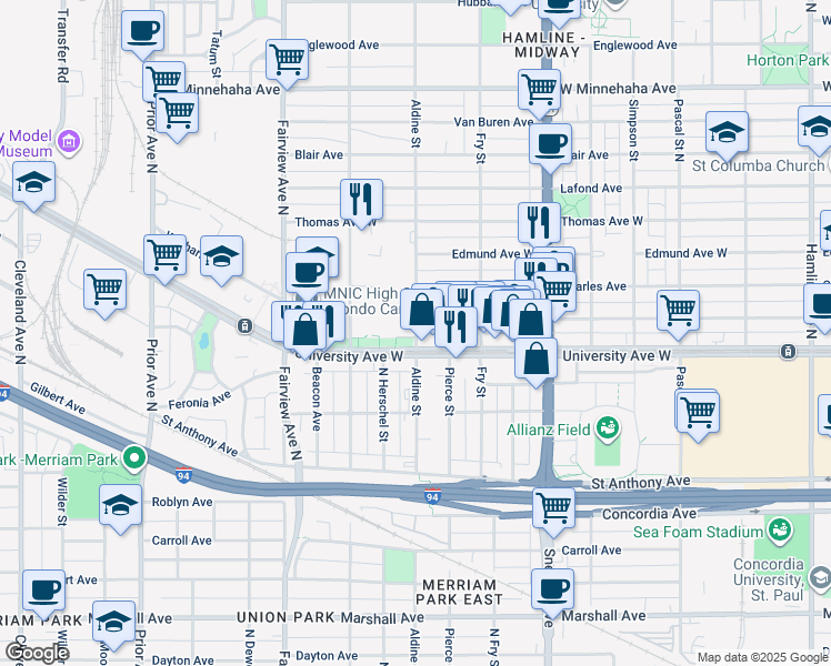 map of restaurants, bars, coffee shops, grocery stores, and more near 527 Aldine Street in Saint Paul
