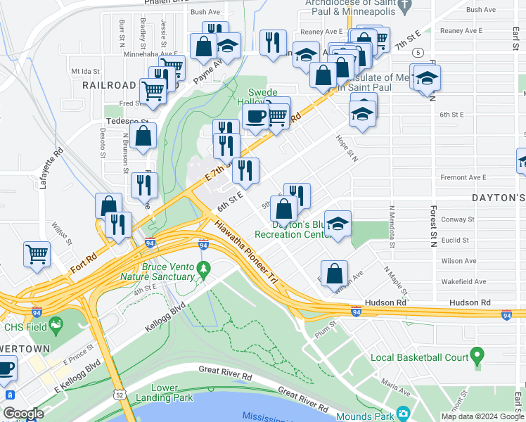 map of restaurants, bars, coffee shops, grocery stores, and more near 358 Maria Avenue in Saint Paul