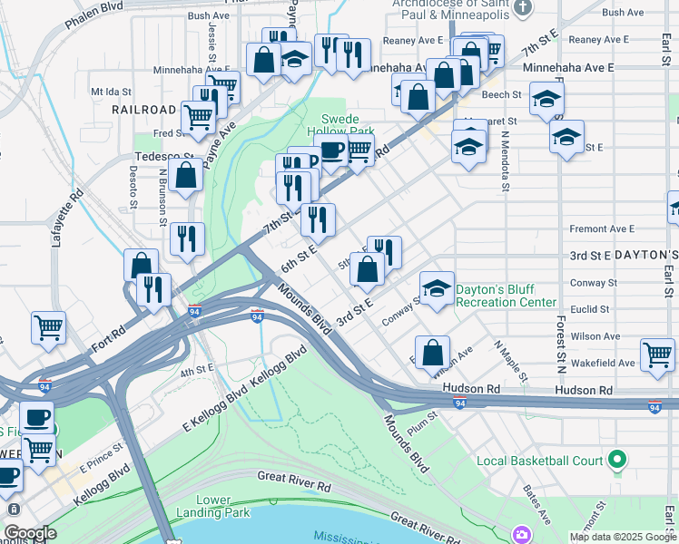 map of restaurants, bars, coffee shops, grocery stores, and more near 346 Maria Avenue in Saint Paul
