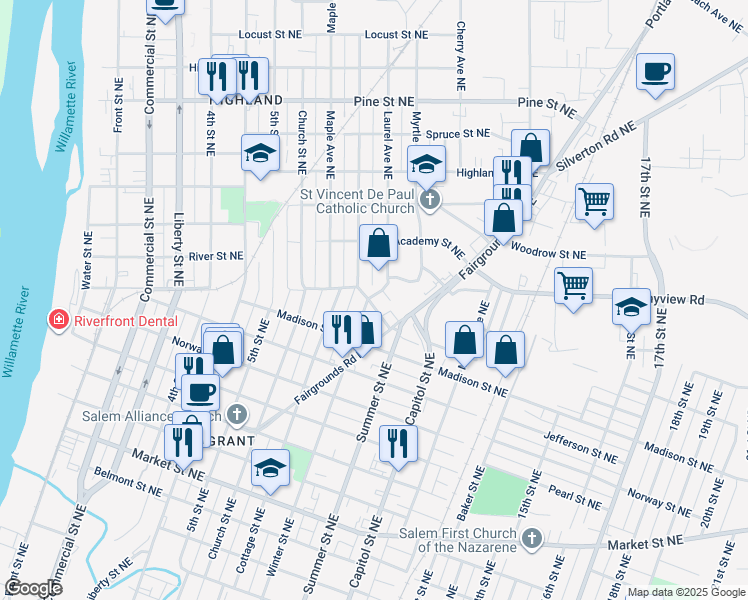 map of restaurants, bars, coffee shops, grocery stores, and more near 910 Tamarack Street Northeast in Salem
