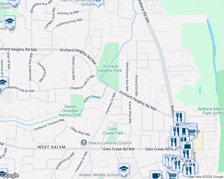 map of restaurants, bars, coffee shops, grocery stores, and more near 1487 Westbrook Drive Northwest in Salem