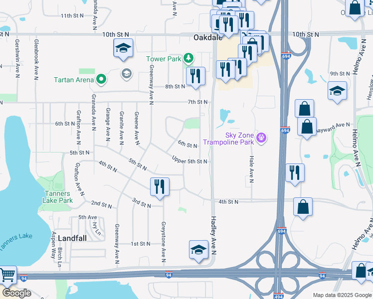 map of restaurants, bars, coffee shops, grocery stores, and more near 6877 6th Street North in Oakdale