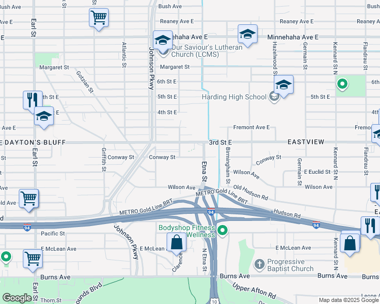 map of restaurants, bars, coffee shops, grocery stores, and more near 1390 3rd Street East in Saint Paul
