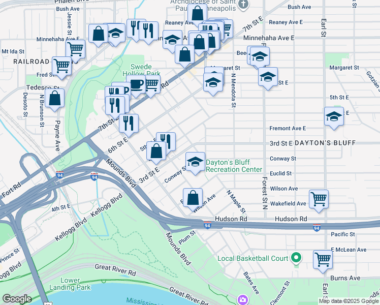 map of restaurants, bars, coffee shops, grocery stores, and more near 737 3rd Street East in Saint Paul