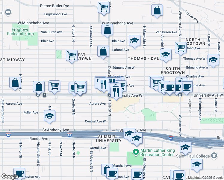 map of restaurants, bars, coffee shops, grocery stores, and more near 612 Sherburne Avenue in Saint Paul