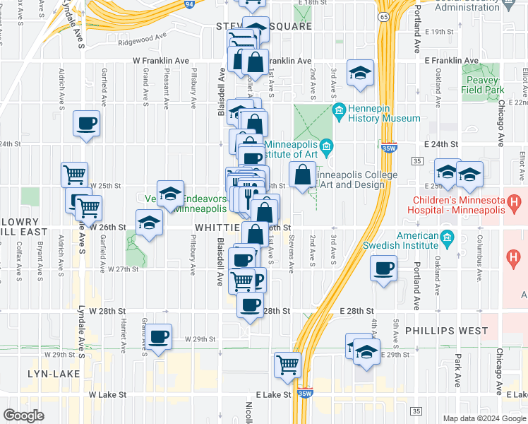 map of restaurants, bars, coffee shops, grocery stores, and more near 2521 Nicollet Avenue in Minneapolis