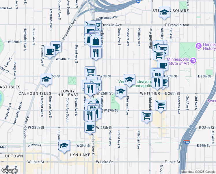 map of restaurants, bars, coffee shops, grocery stores, and more near 2521 Garfield Avenue in Minneapolis