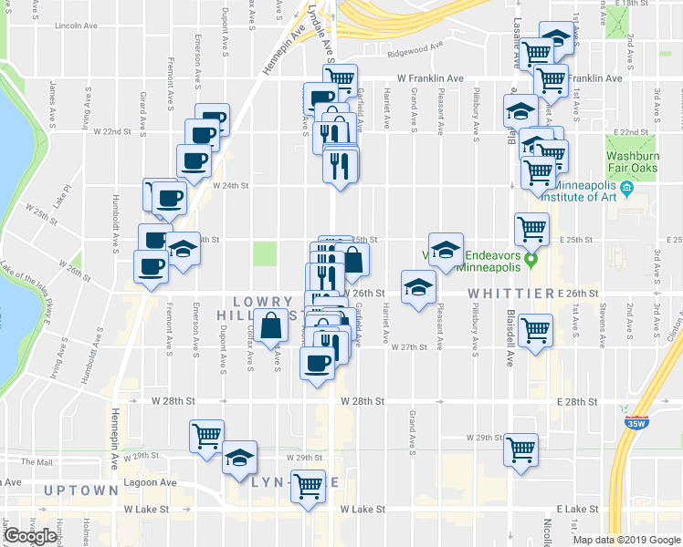 map of restaurants, bars, coffee shops, grocery stores, and more near 2523 Lyndale Avenue South in Minneapolis