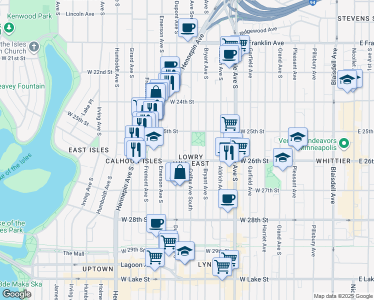 map of restaurants, bars, coffee shops, grocery stores, and more near 2524 Colfax Avenue South in Minneapolis