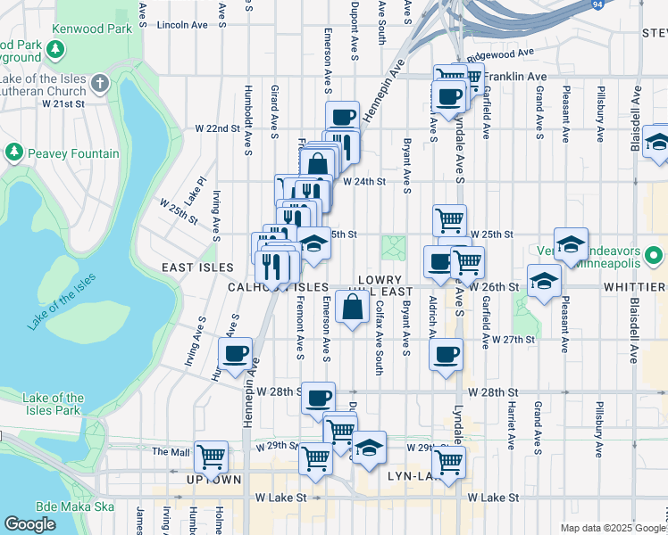 map of restaurants, bars, coffee shops, grocery stores, and more near 2525 Emerson Avenue South in Minneapolis