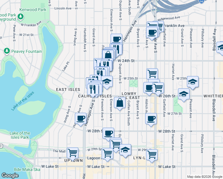 map of restaurants, bars, coffee shops, grocery stores, and more near 2525 Emerson Avenue South in Minneapolis
