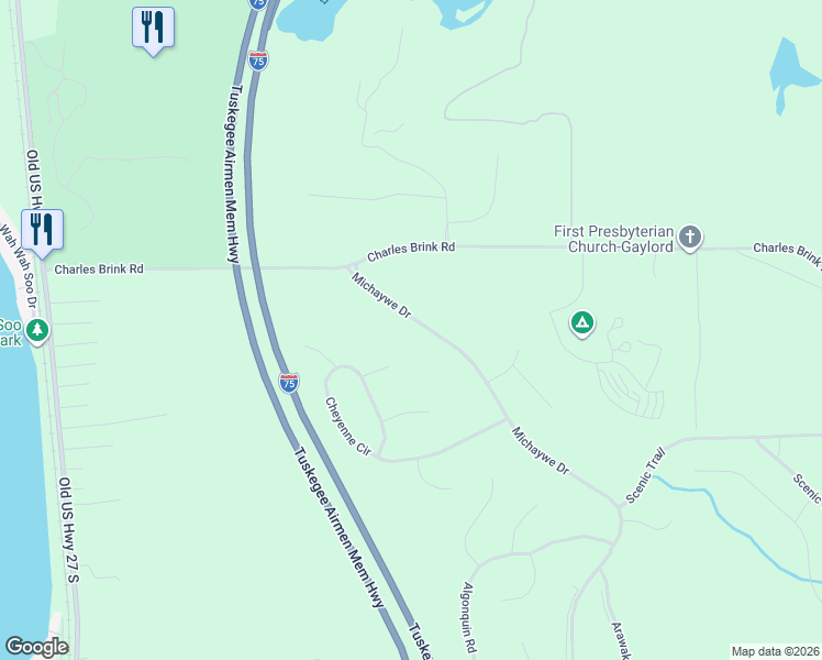 map of restaurants, bars, coffee shops, grocery stores, and more near Michaywe Drive in Gaylord