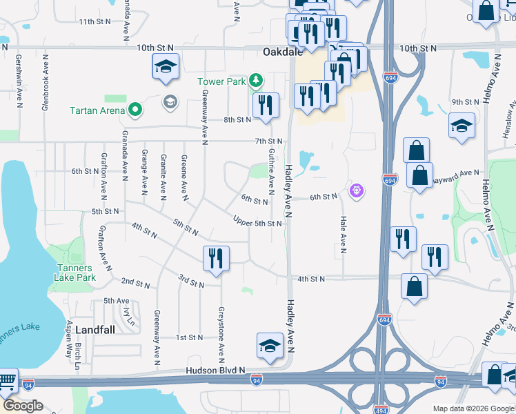 map of restaurants, bars, coffee shops, grocery stores, and more near 6877 6th Street North in Oakdale