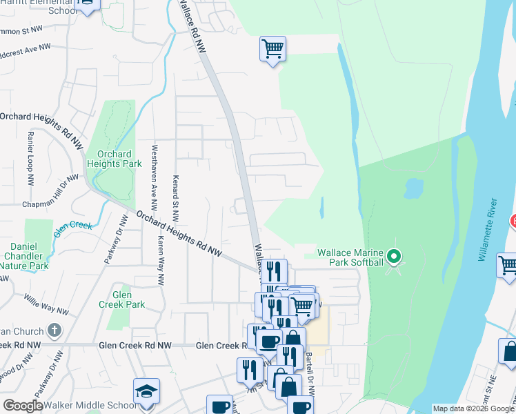 map of restaurants, bars, coffee shops, grocery stores, and more near 1460 Wallace Road Northwest in Salem
