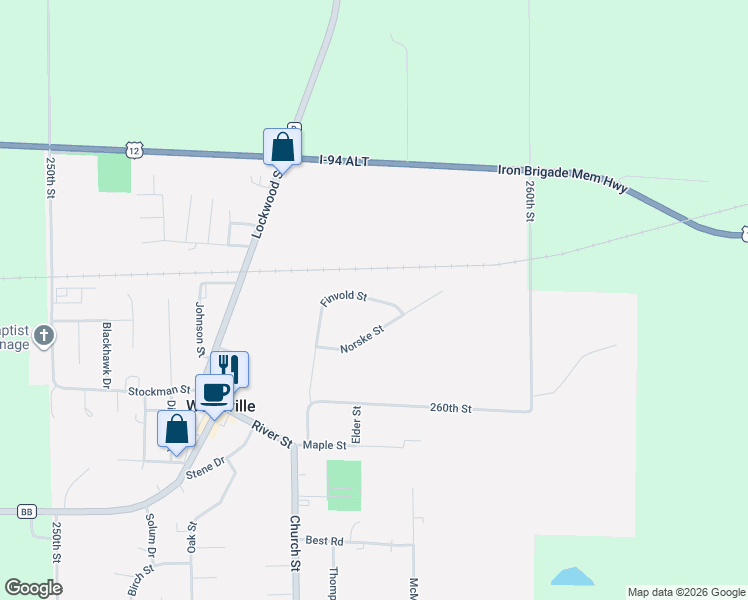 map of restaurants, bars, coffee shops, grocery stores, and more near Finvold Street in Woodville