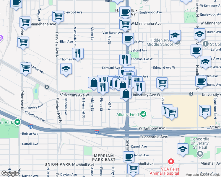 map of restaurants, bars, coffee shops, grocery stores, and more near 500 Fry Street in Saint Paul