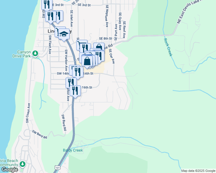 map of restaurants, bars, coffee shops, grocery stores, and more near Southeast Mast Avenue in Lincoln City