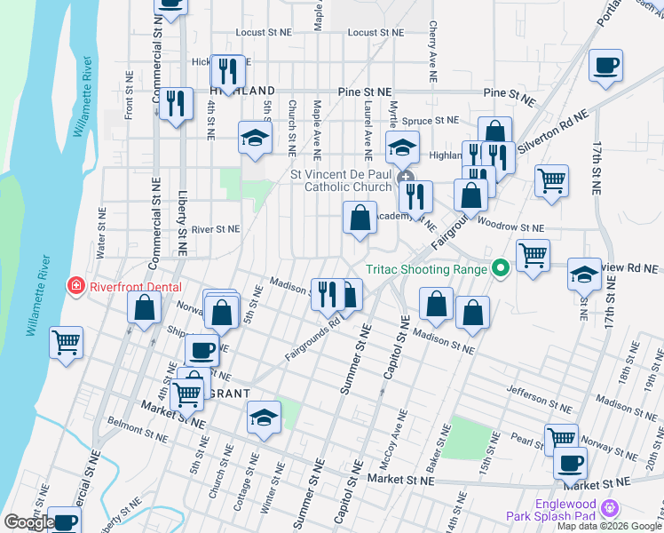 map of restaurants, bars, coffee shops, grocery stores, and more near 740 South Saint Northeast in Salem
