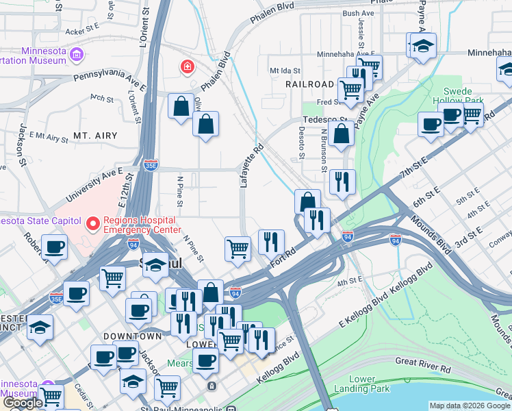 map of restaurants, bars, coffee shops, grocery stores, and more near 500 Lafayette Road in Saint Paul