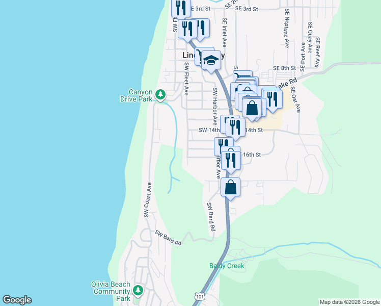 map of restaurants, bars, coffee shops, grocery stores, and more near 1000 Southwest 16th Street in Lincoln City
