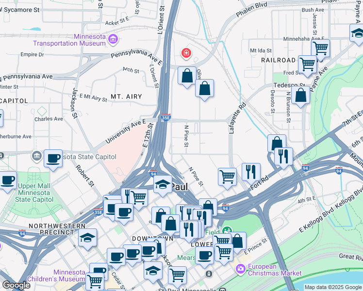 map of restaurants, bars, coffee shops, grocery stores, and more near 570 North Pine Street in Saint Paul