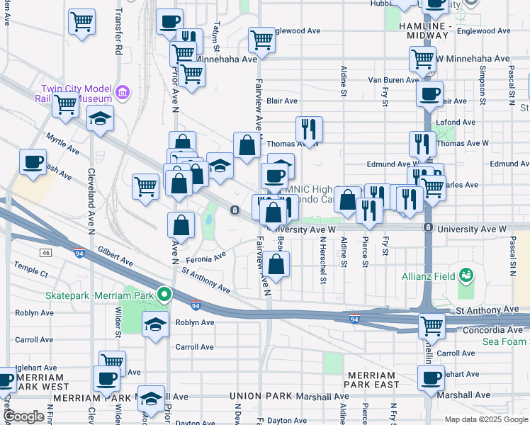 map of restaurants, bars, coffee shops, grocery stores, and more near 496 Fairview Avenue North in Saint Paul